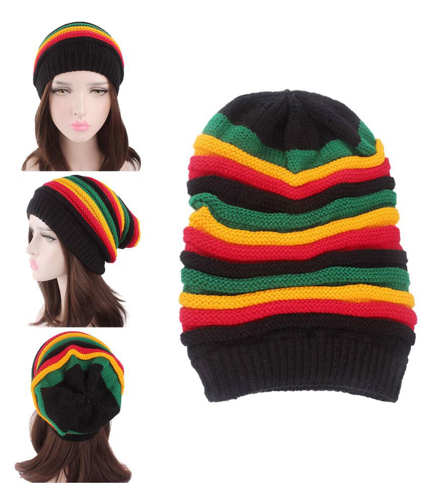 Fashion Winter Women Unisex Thick Fluffy Sleeve Cap Knitted Hat Multicolor Stripe Rainbow Hat 