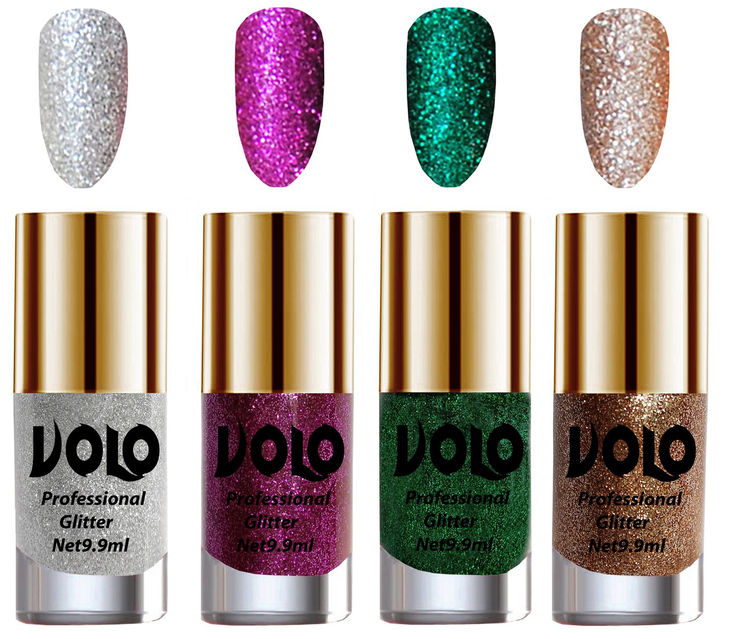     			VOLO Professionally Used Glitter Shine Nail Polish Silver,Purple,Green Gold Pack of 4 39 mL