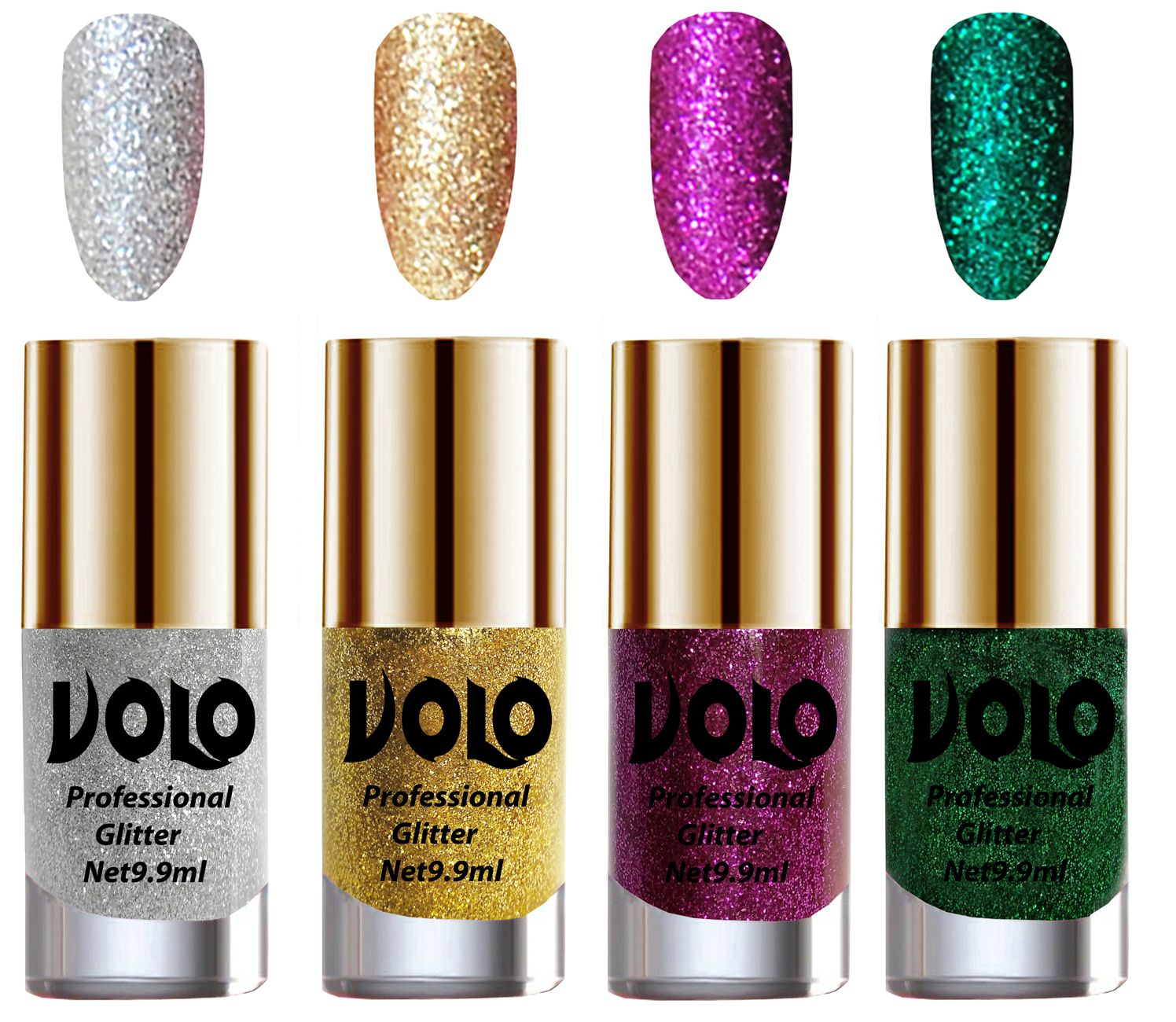     			VOLO Professionally Used Glitter Shine Nail Polish Silver,Gold,Purple Green Pack of 4 39 mL