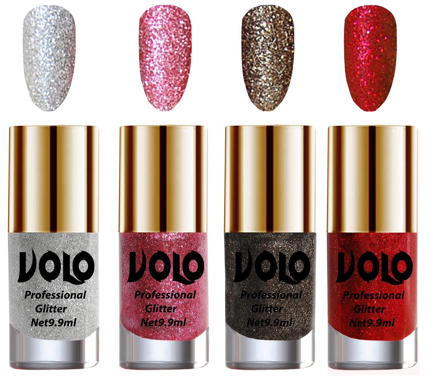     			VOLO Professionally Used Glitter Shine Nail Polish Silver,Pink,Grey Red Pack of 4 39 mL