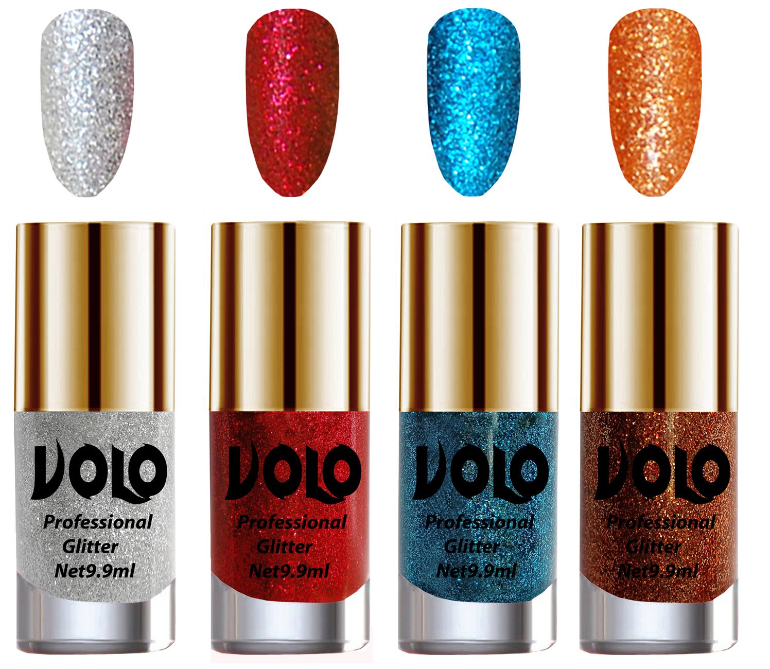     			VOLO Professionally Used Glitter Shine Nail Polish Silver,Red,Blue Orange Pack of 4 39 mL