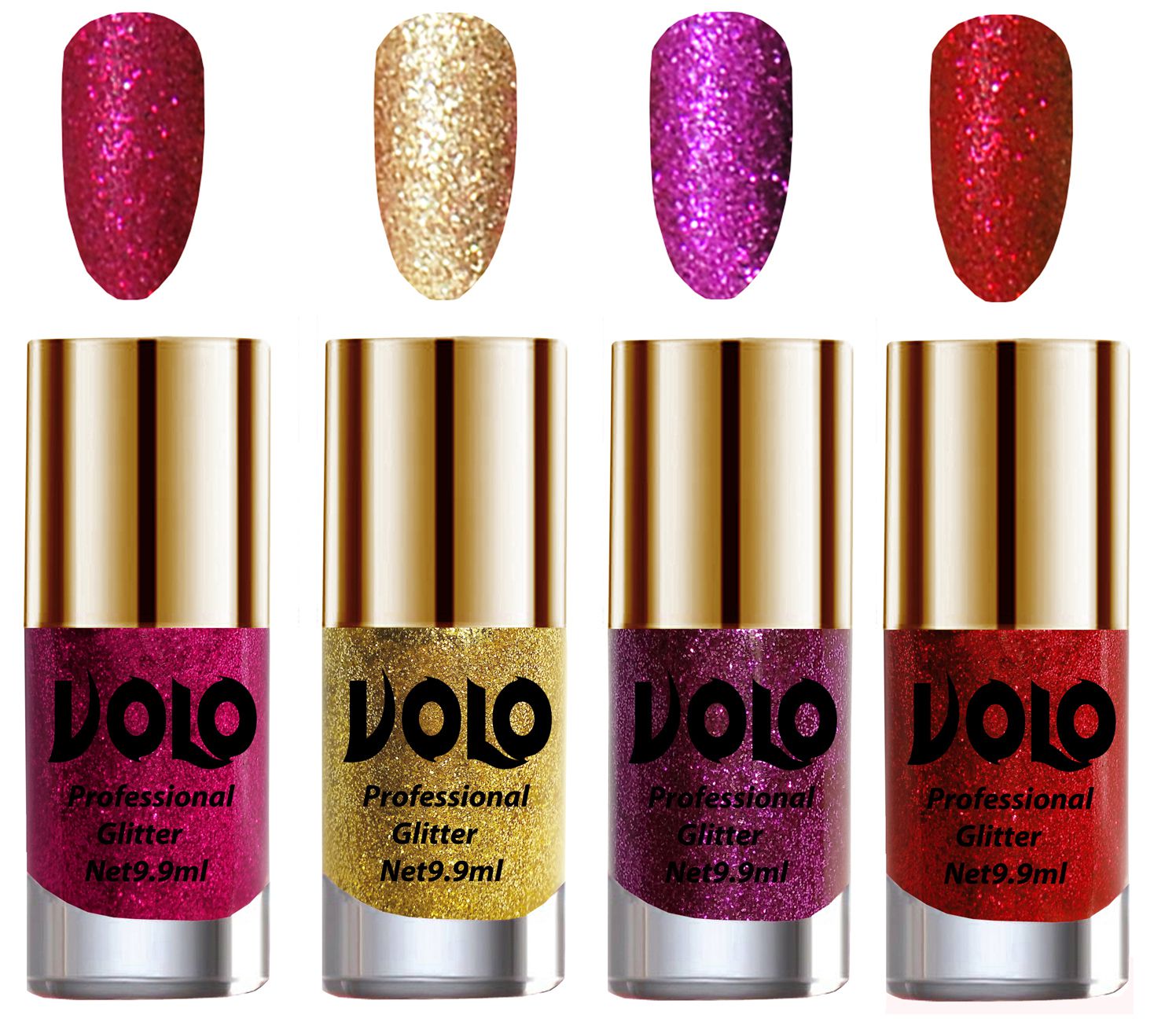     			VOLO Professionally Used Glitter Shine Nail Polish Magenta,Gold,Purple Red Pack of 4 39 mL