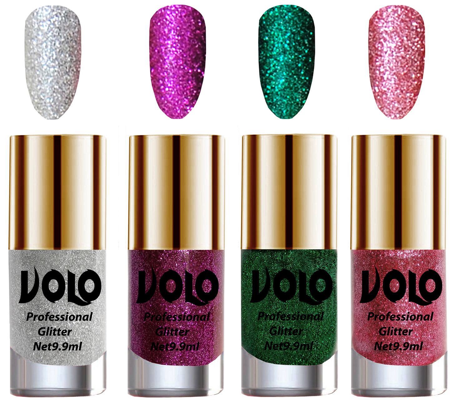     			VOLO Professionally Used Glitter Shine Nail Polish Silver,Purple,Green Pink Pack of 4 39 mL