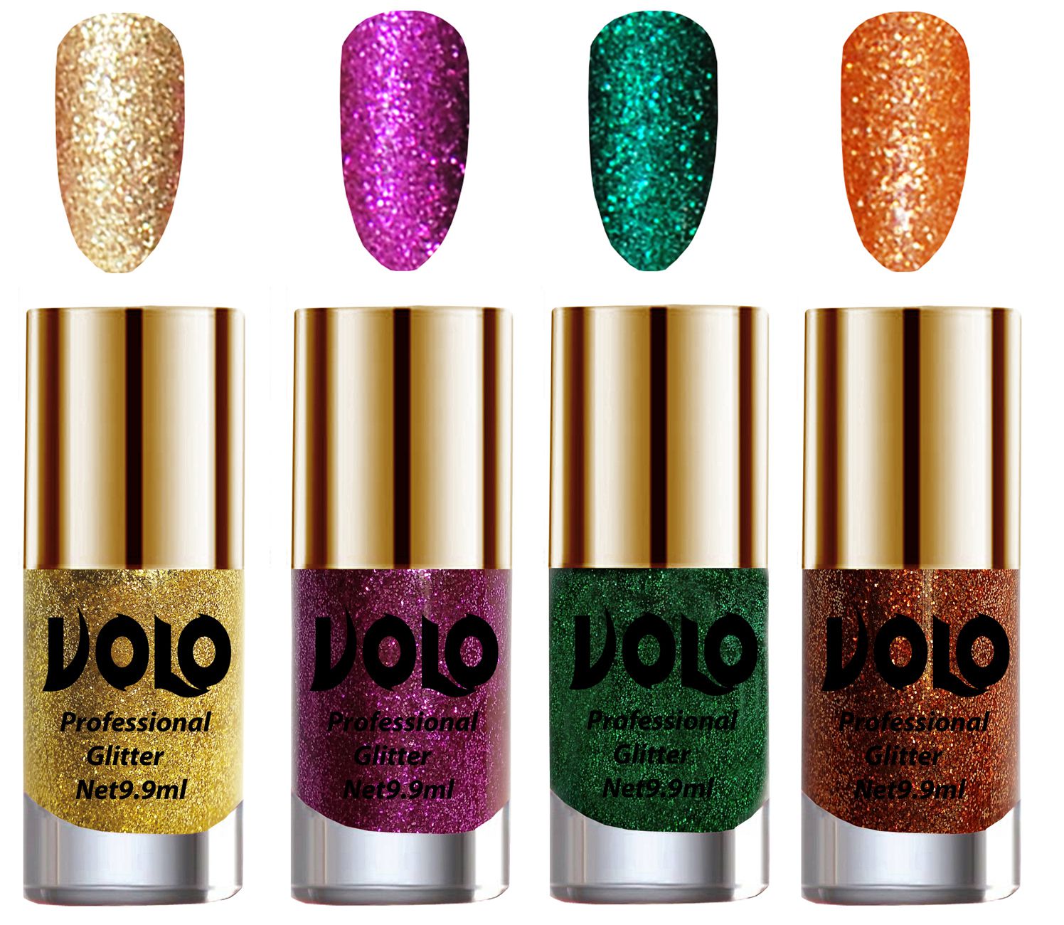     			VOLO Professionally Used Glitter Shine Nail Polish Gold,Purple,Green Orange Pack of 4 39 mL