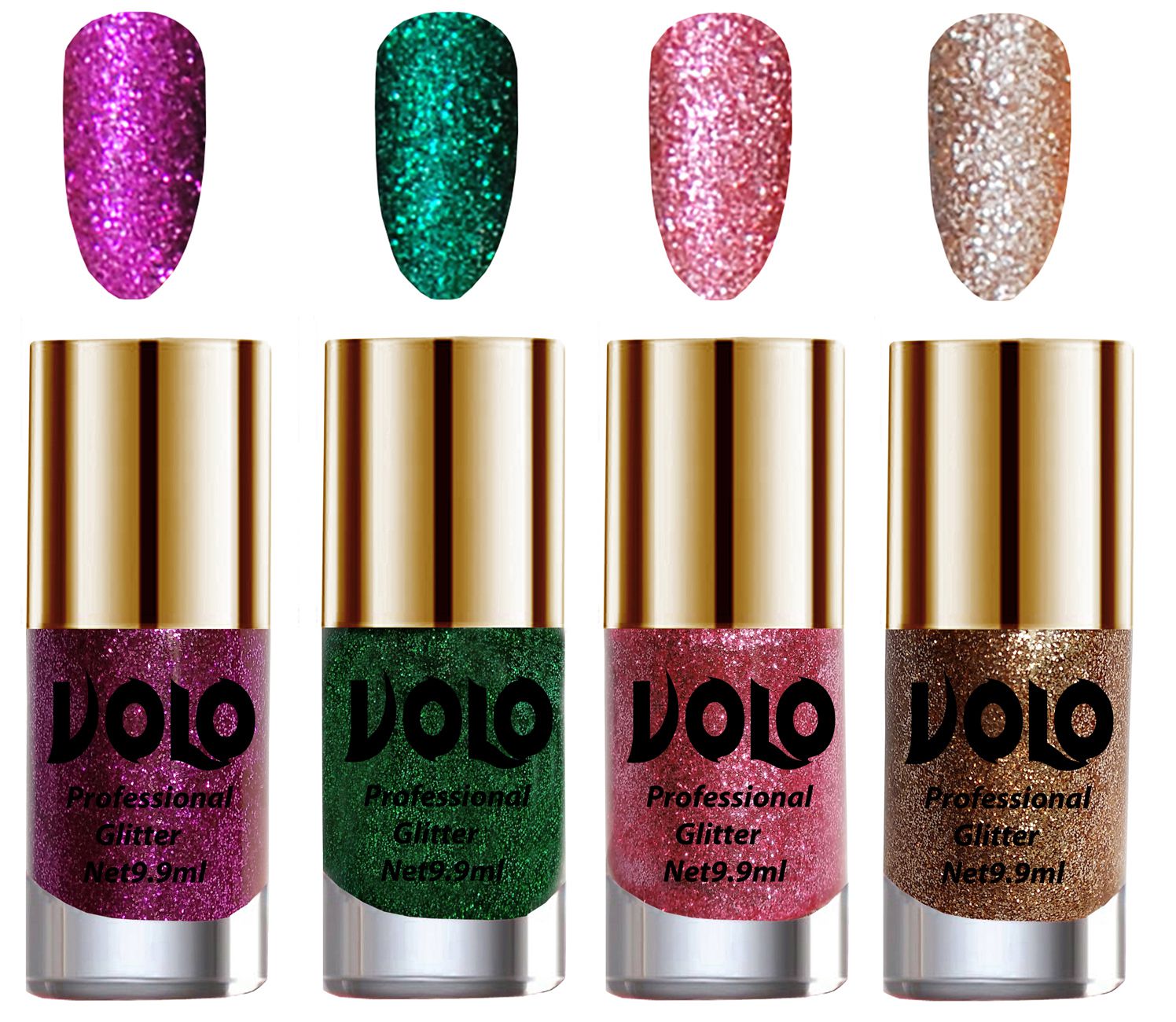     			VOLO Professionally Used Glitter Shine Nail Polish Purple,Green,Pink Gold Pack of 4 39 mL