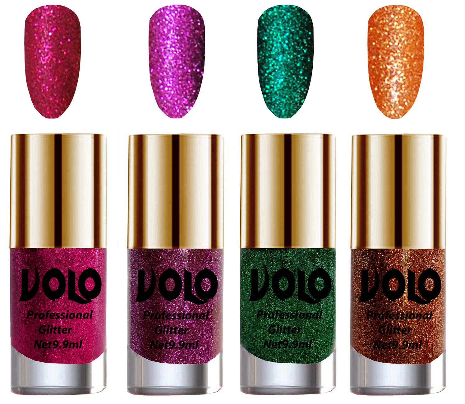    			VOLO Professionally Used Glitter Shine Nail Polish Magenta,Purple,Green Orange Pack of 4 39 mL