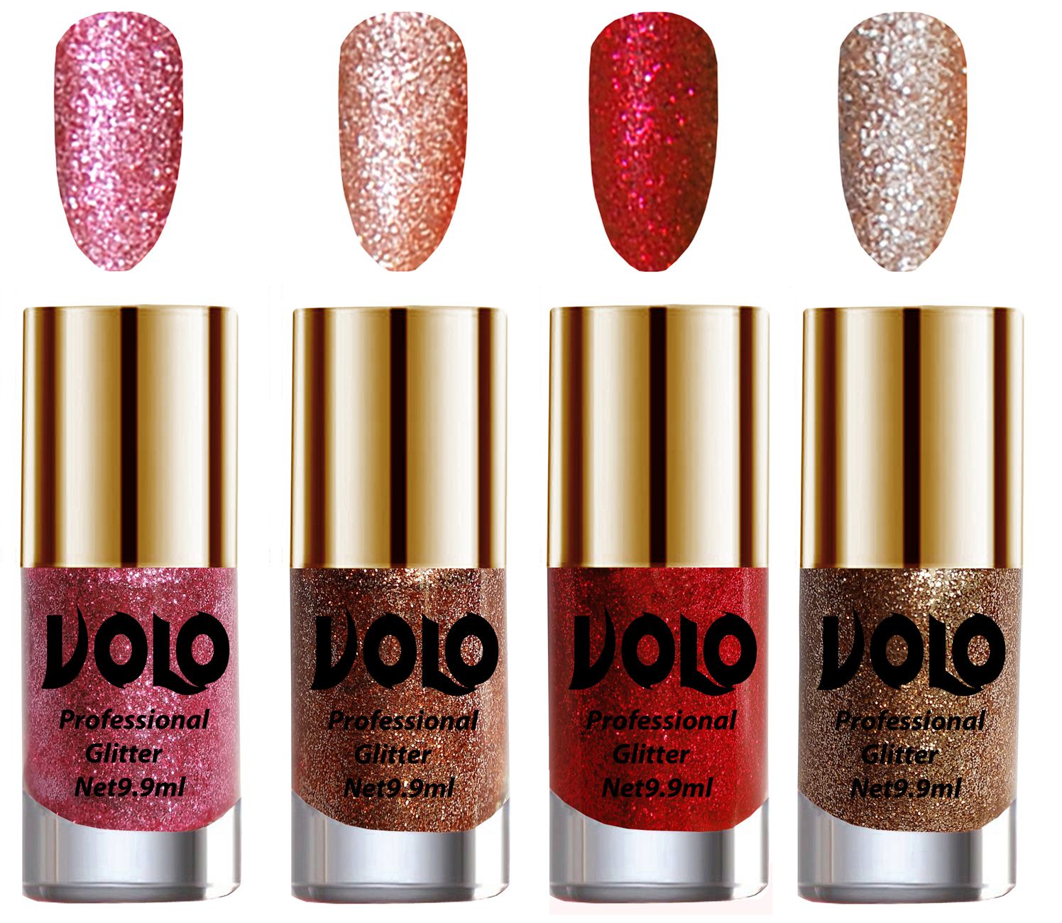     			VOLO Professionally Used Glitter Shine Nail Polish Pink,Peach,Red Gold Pack of 4 39 mL