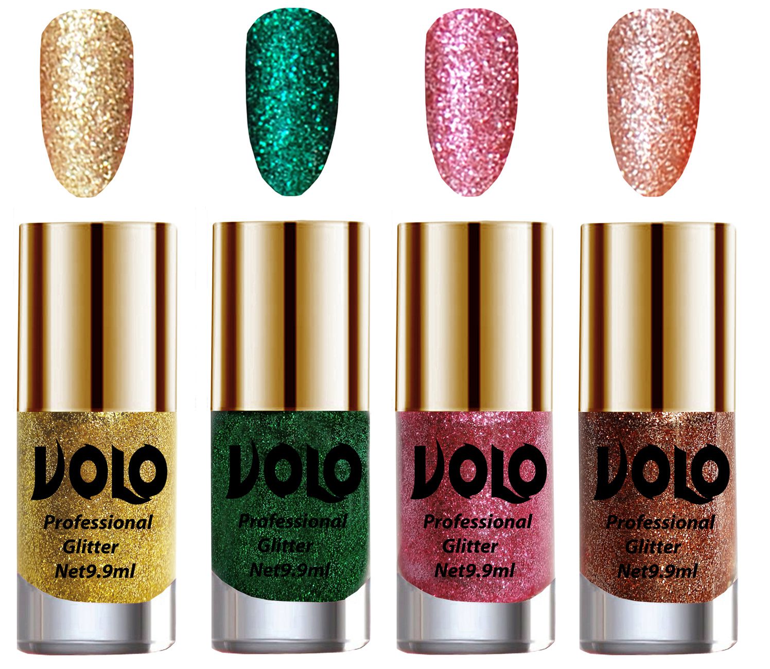     			VOLO Professionally Used Glitter Shine Nail Polish Gold,Green,Pink Pink Pack of 4 39 mL