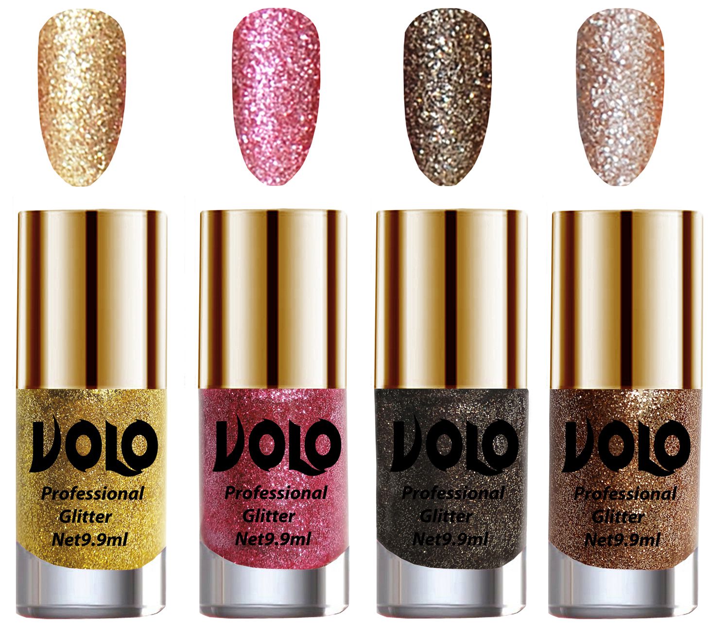     			VOLO Professionally Used Glitter Shine Nail Polish Gold,Pink,Grey Gold Pack of 4 39 mL