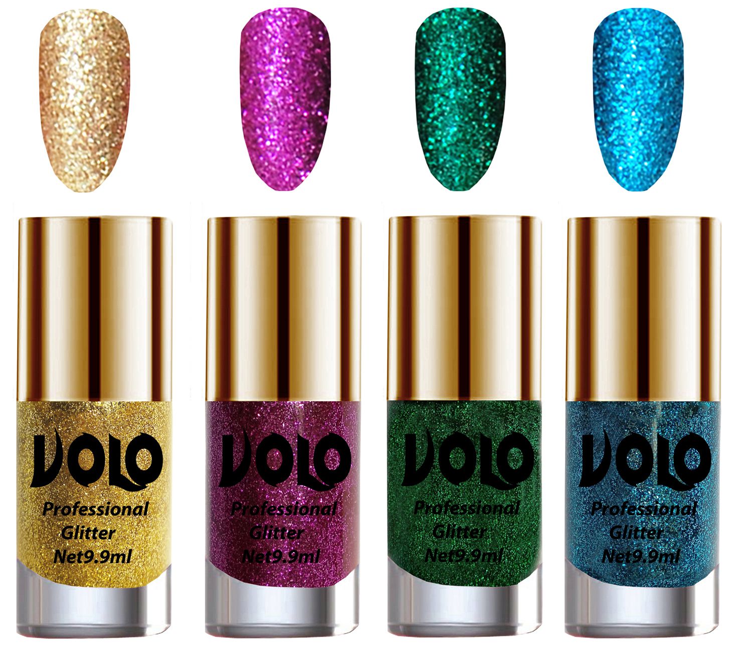     			VOLO Professionally Used Glitter Shine Nail Polish Gold,Purple,Green Blue Pack of 4 39 mL