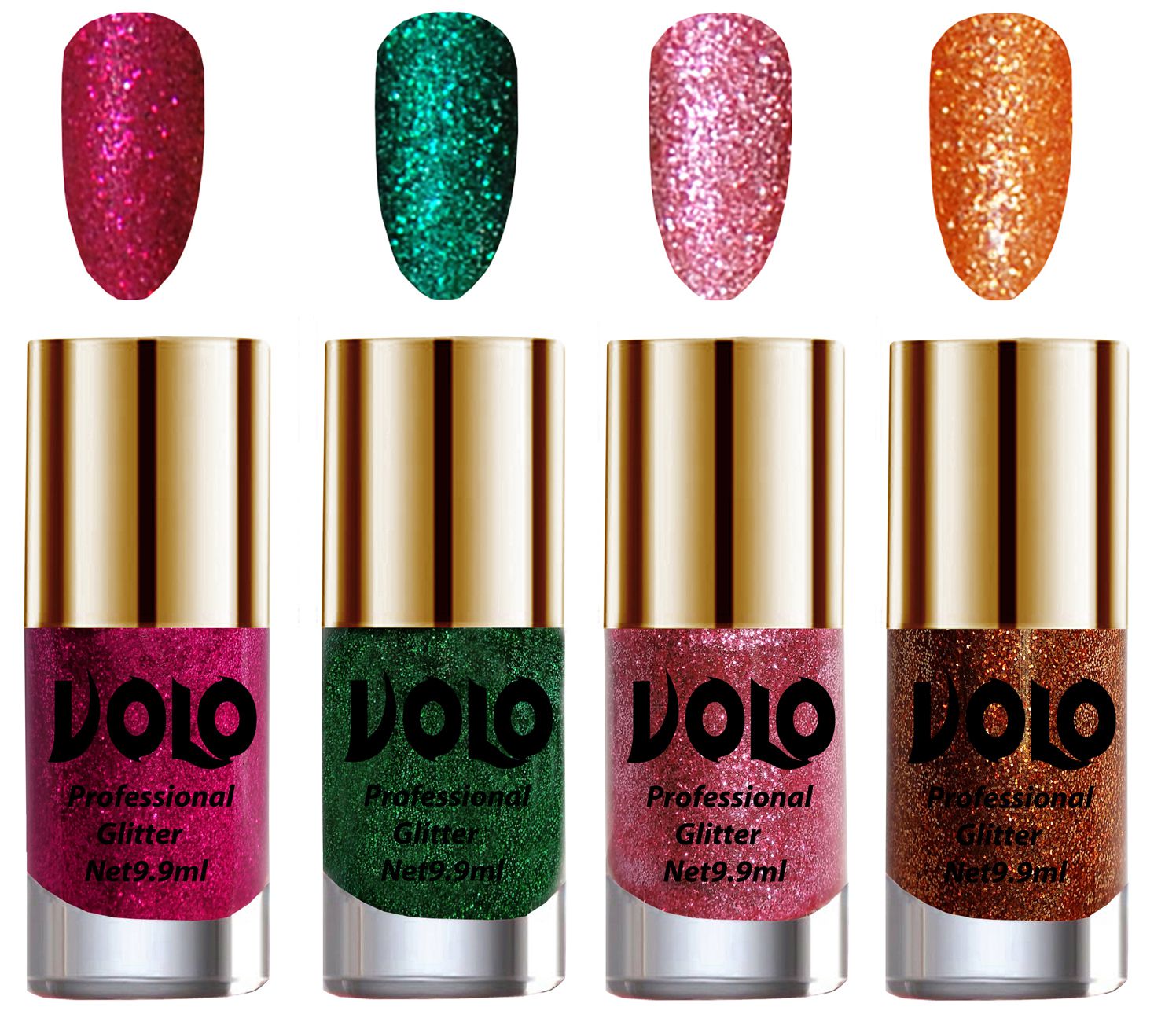     			VOLO Professionally Used Glitter Shine Nail Polish Magenta,Green,Pink Orange Pack of 4 39 mL