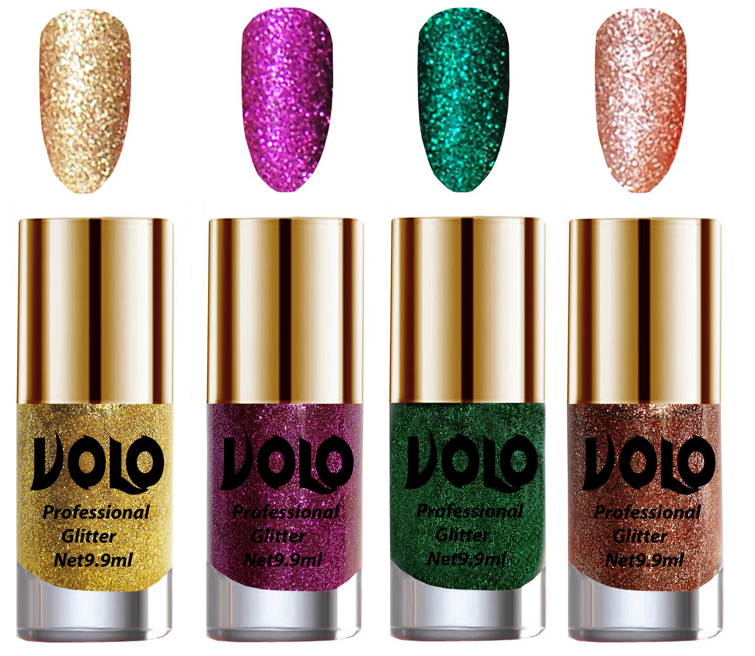     			VOLO Professionally Used Glitter Shine Nail Polish Gold,Purple,Green Pink Pack of 4 39 mL