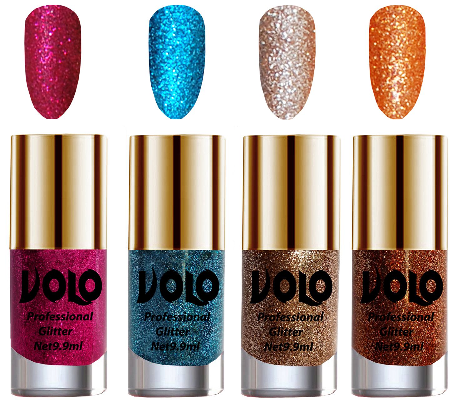     			VOLO Professionally Used Glitter Shine Nail Polish Magenta,Blue,Gold Orange Pack of 4 39 mL