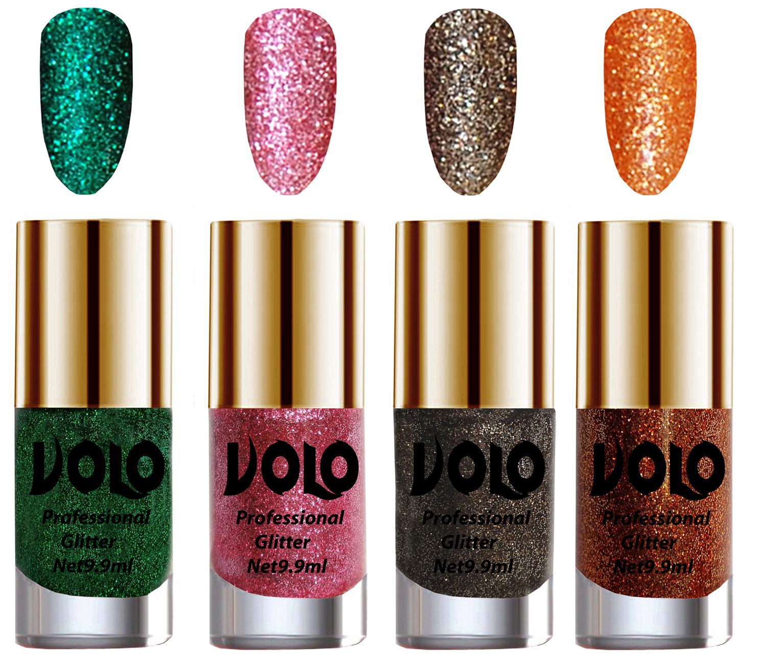     			VOLO Professionally Used Glitter Shine Nail Polish Green,Pink,Grey Orange Pack of 4 39 mL
