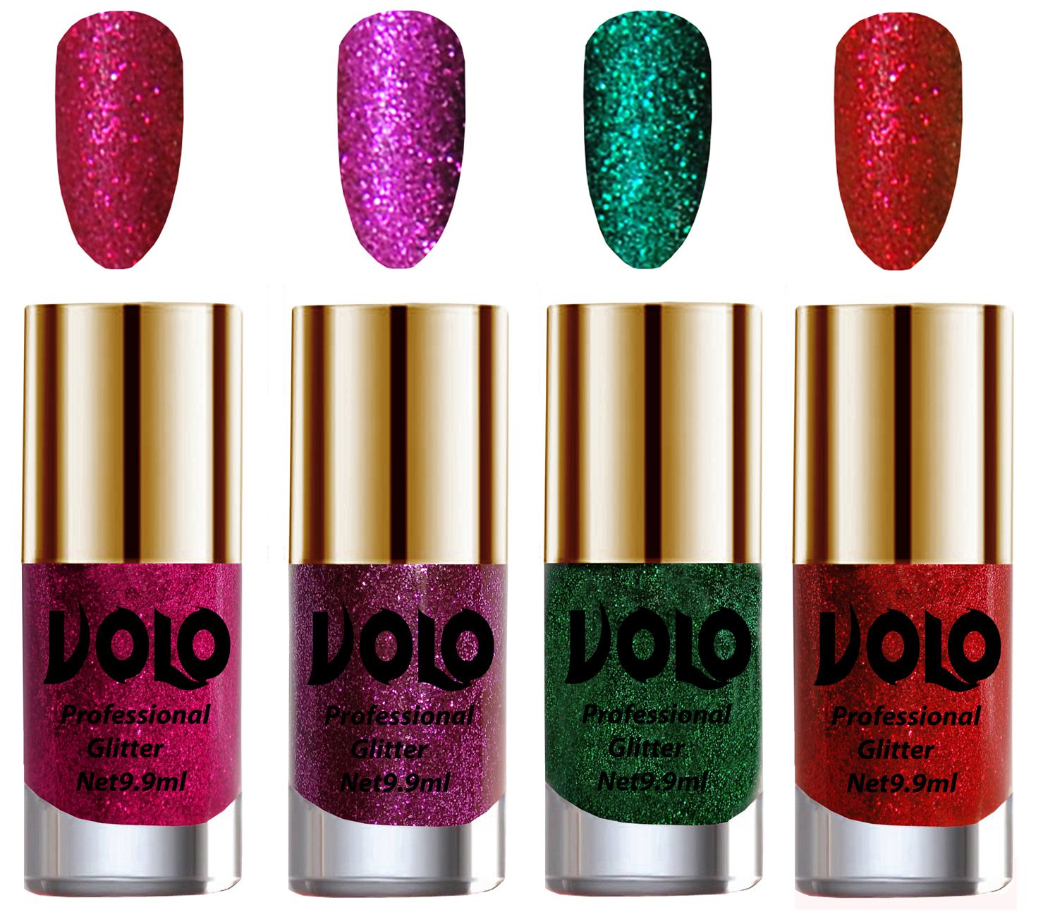     			VOLO Professionally Used Glitter Shine Nail Polish Magenta,Purple,Green Red Pack of 4 39 mL