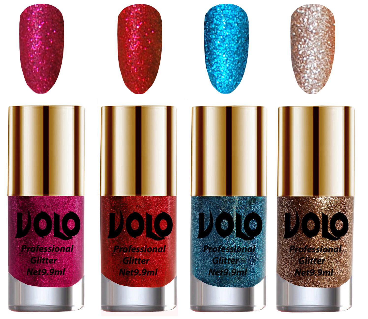    			VOLO Professionally Used Glitter Shine Nail Polish Magenta,Red,Blue Gold Pack of 4 39 mL