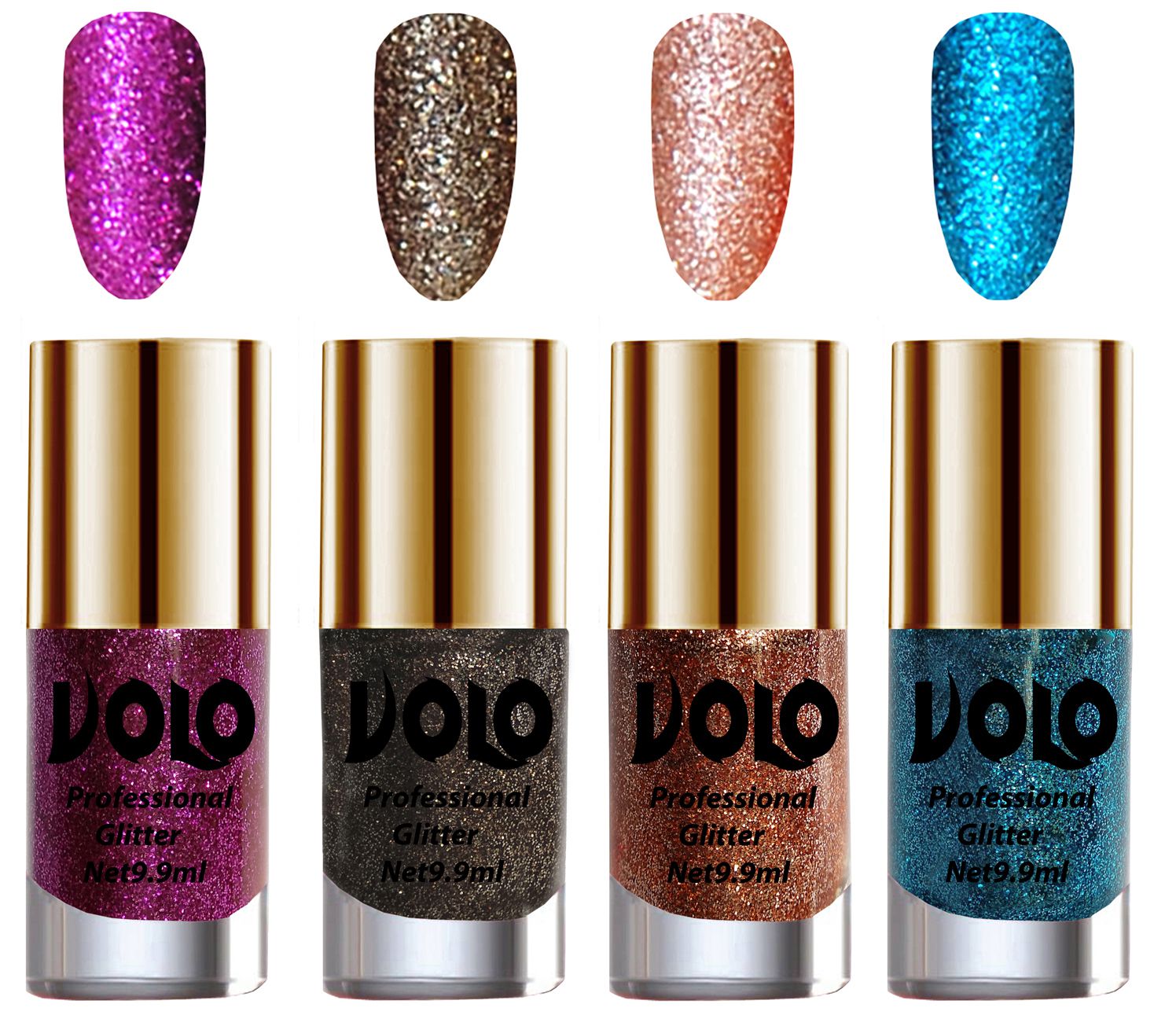     			VOLO Professionally Used Glitter Shine Nail Polish Purple,Grey,Peach Blue Pack of 4 39 mL