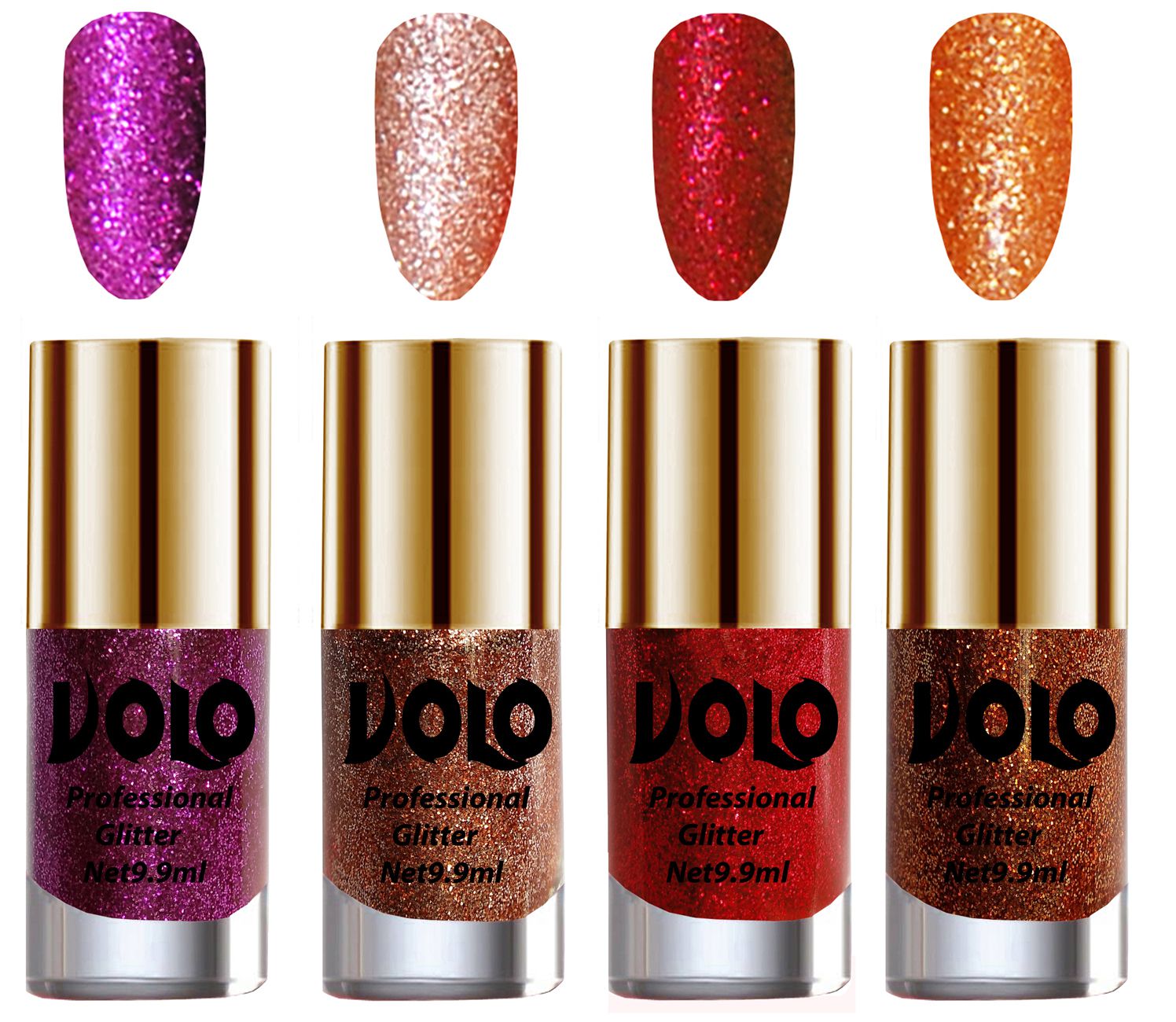     			VOLO Professionally Used Glitter Shine Nail Polish Purple,Peach,Red Orange Pack of 4 39 mL