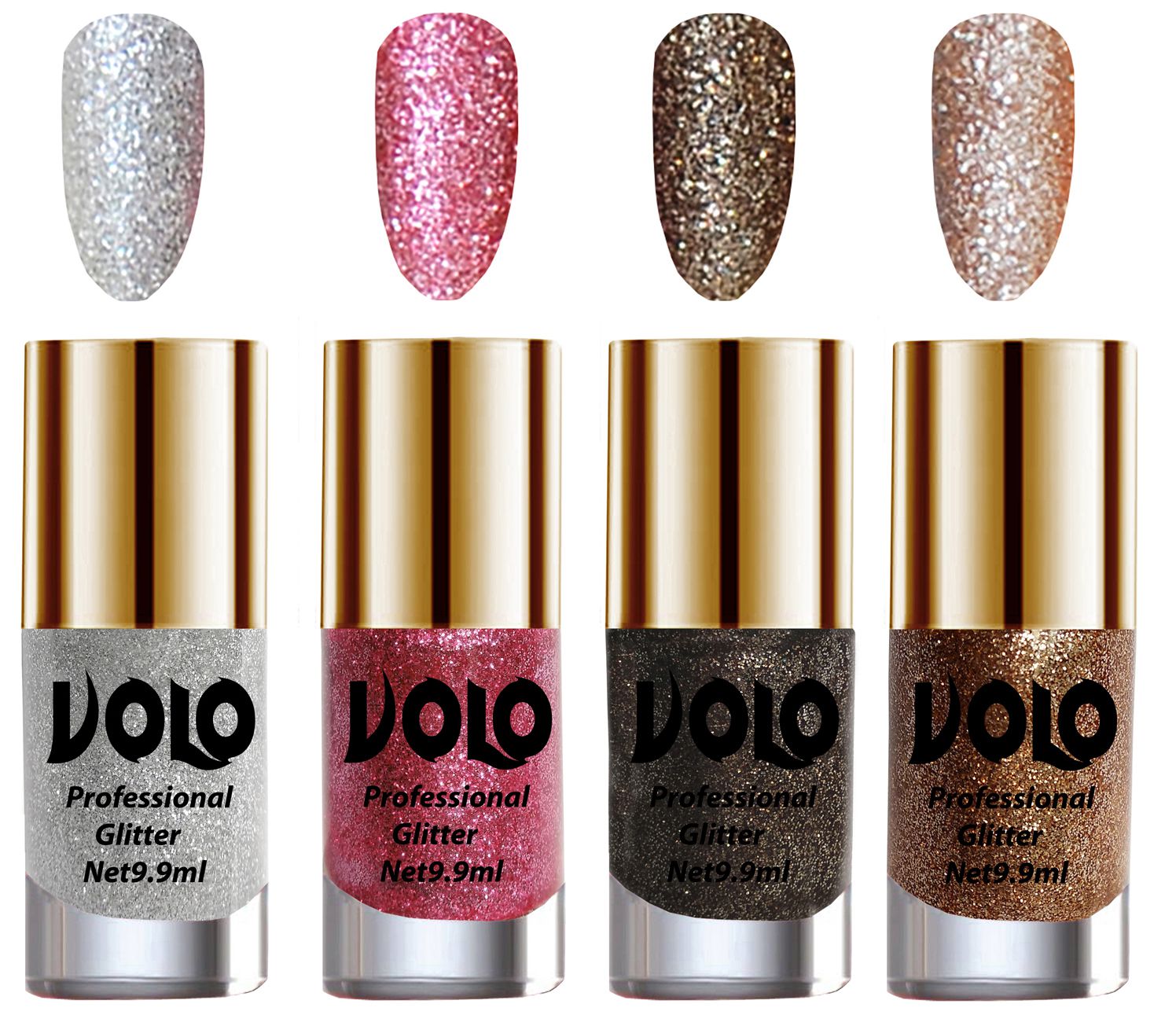     			VOLO Professionally Used Glitter Shine Nail Polish Silver,Pink,Grey Gold Pack of 4 39 mL