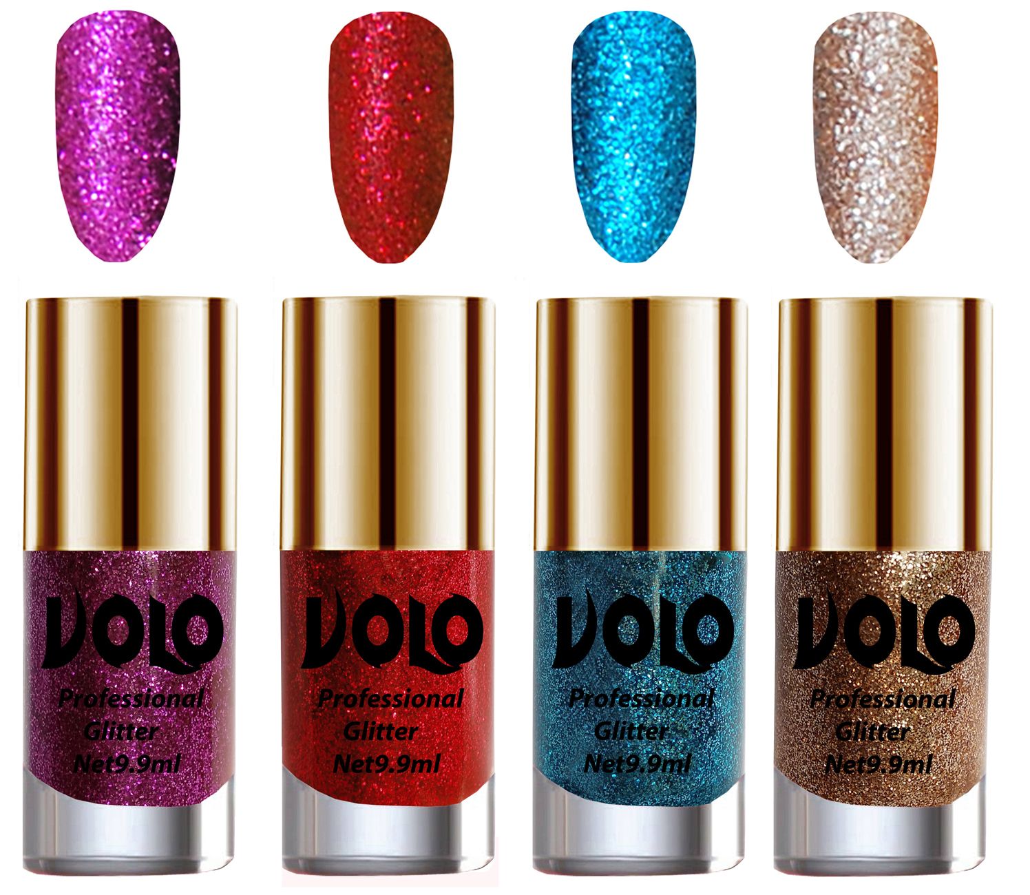     			VOLO Professionally Used Glitter Shine Nail Polish Purple,Red,Blue Gold Pack of 4 39 mL