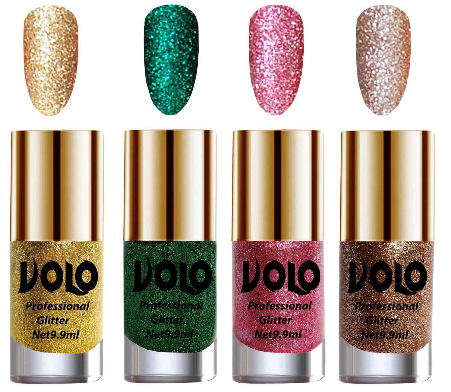     			VOLO Professionally Used Glitter Shine Nail Polish Gold,Green,Pink Gold Pack of 4 39 mL