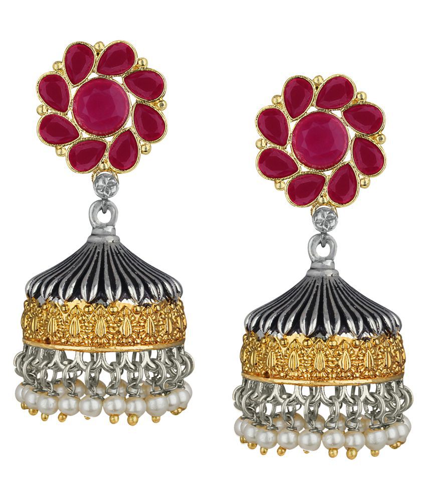 Spargz Antique Floral Festive Wear Two Tone Plated Maroon Ruby Jhumki Earring For Women