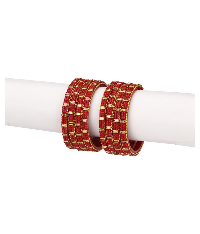     			Party Glass Bangle Set Ornamented With Beads For Spaical Look (Pack Of 8 Red Shining & Attractive