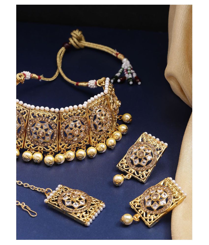     			Priyaasi Brass White Choker Traditional Gold Plated Necklaces Set