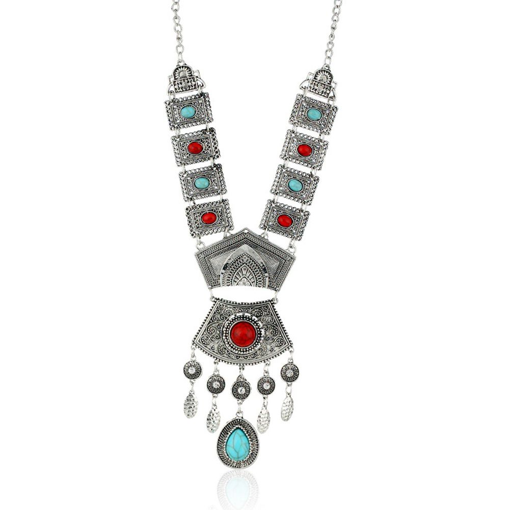 Tibetan Silver Blue Turquoise Chain Crystal Pendant Necklace Fashion Jewelry