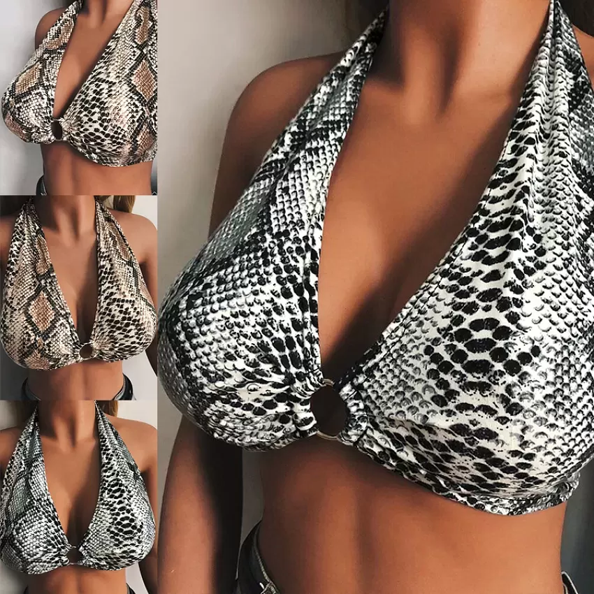 Women Snake Skin Print Bra Plunging V Neck Halter Bralette Lingerie Crop  Top Underwear Grey/Khaki 