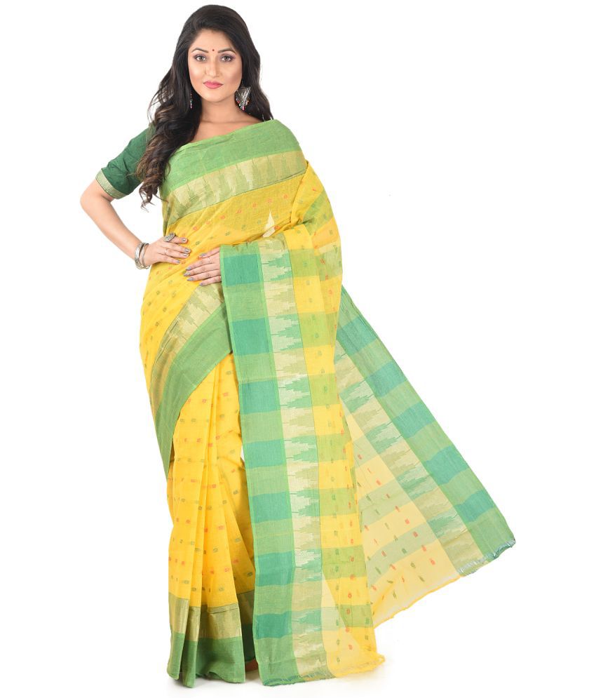    			Roy Enterprises Creation Yellow Bengal cotton Saree - Single