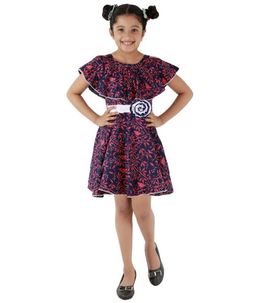     			Kids Cave Dress for girls Regular fit Knee Length Fabric Printed Rayon Pleated  Dress (Color_Blue, Size_3 Years to 12 Years)