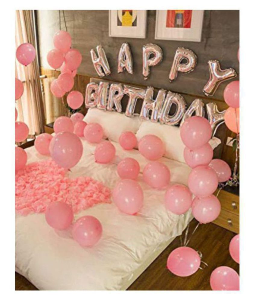     			Pixelfox Happy Birthday Silver Foil Balloon(16 Inchs)+ 30 Pink Metallic Balloons(12 Inchs) for happy birthday decoration item, birthday decoration kit, birthday balloon decoration combo for Boys, Girls, Kids, husband and Wife.