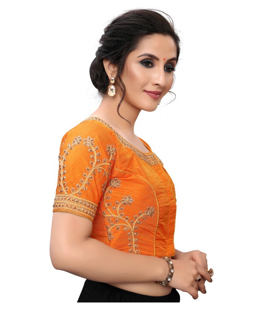 Pratham Blue Orange Satin Readymade With Pad Blouse - Buy Pratham Blue ...