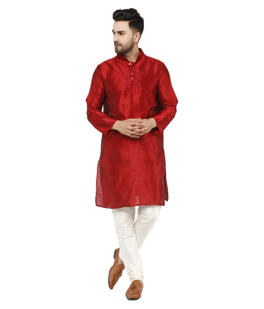     			SKAVIJ Red Silk Blend Kurta Pyjama Set