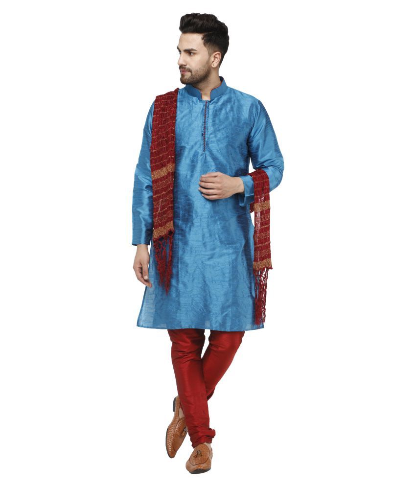     			SKAVIJ Turquoise Silk Blend Kurta Pyjama Set