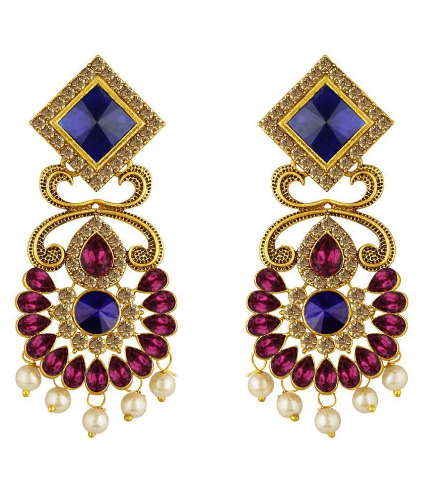     			Spargz Gold Plated Antique Indian Style Bridal Blue & Purple AD Stone Chandelier Earrings For Wedding & Party AIER 1341