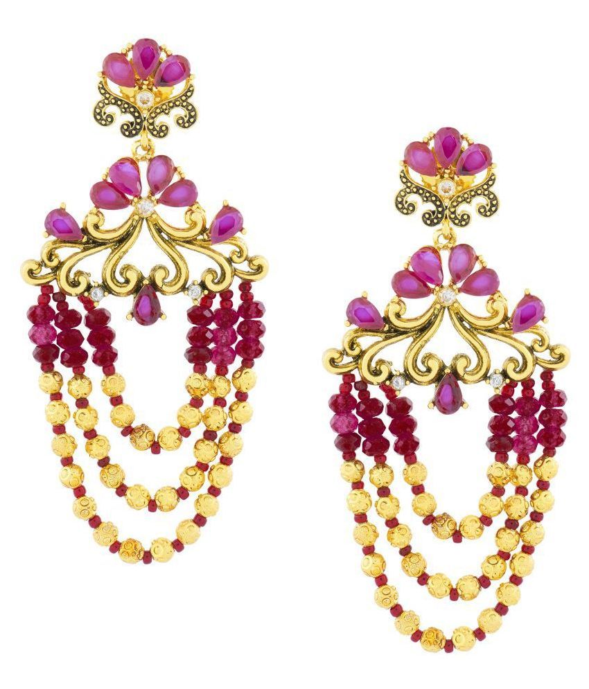 The Jewelbox Flower Wave Design 18K Gold Plated Pink Crystal Cubic Zirconia Beads Chandelier Earring For Women