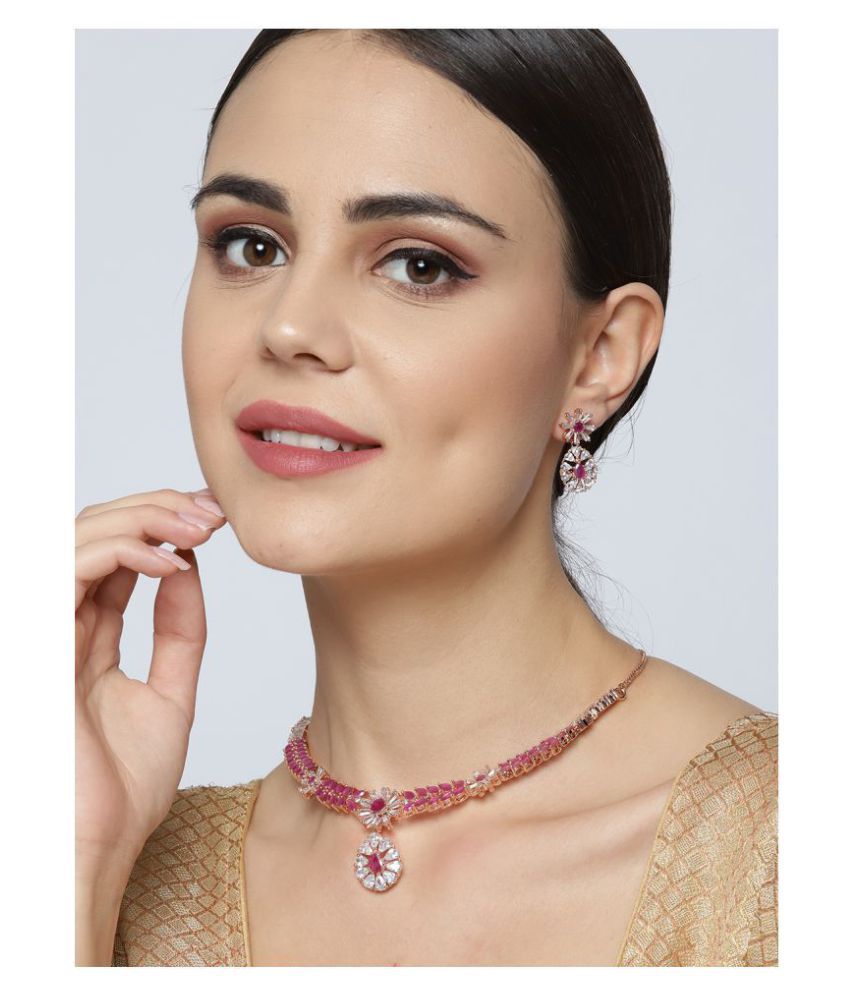     			Priyaasi Brass Pink Collar Traditional Silver Plated Necklaces Set