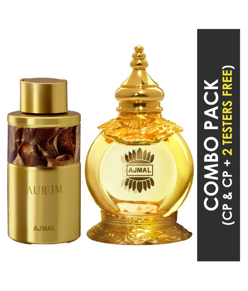     			Ajmal Aurum Concentrated Perfume Oil Fruity Floral -free Attar 10ml for Women and Mukhallat AL Wafa Concentrated Perfume Oil Oriental Musky -free Attar 12ml for Unisex + 2 Parfum Testers FREE