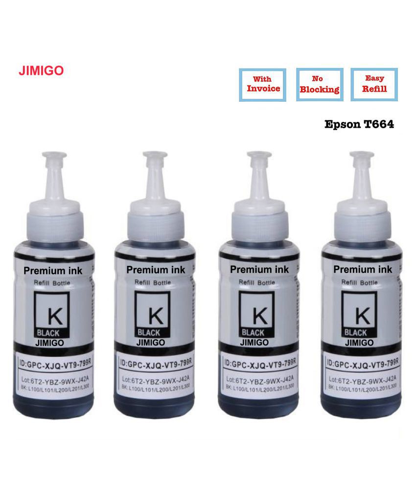 JIMIGO INK FOR EPSON L565 Black Pack of 4 Ink bottle for Refill ink for Epson L130,L210,L220,L350,L360,L361,L365,L380,L385,L455,L485,L550,L555,L565