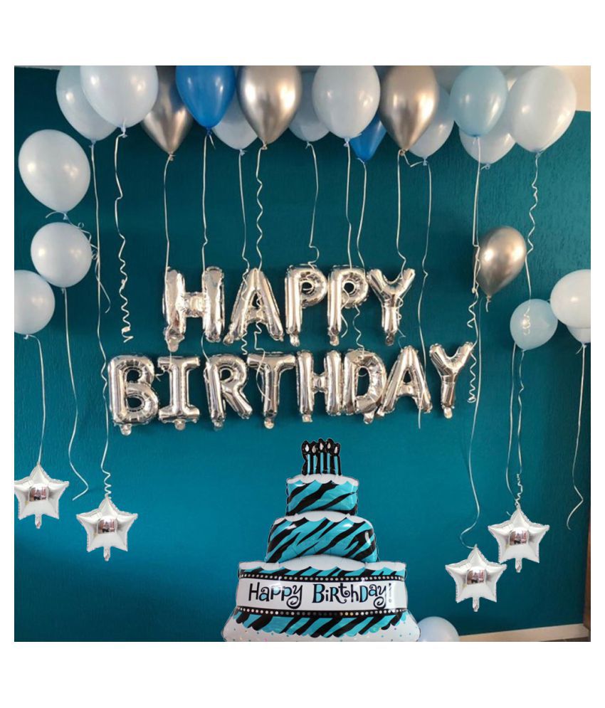     			Pixelfox Happy Birthday Silver (13 Letter)Foil+ Cake Foil+ 4 Star Foil (5 Inchs)(Silver)+ 30 pcs Balloons (Silver, Sky Blue, Dark Blue) birthday decoration kit, birthday balloon decoration combo for Boys, Girls, Kids, husband and Wife.