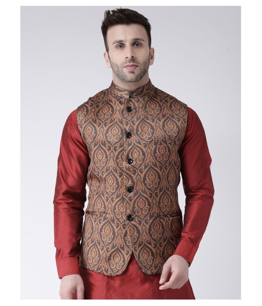     			Hangup Brown Cotton Blend Nehru Jacket