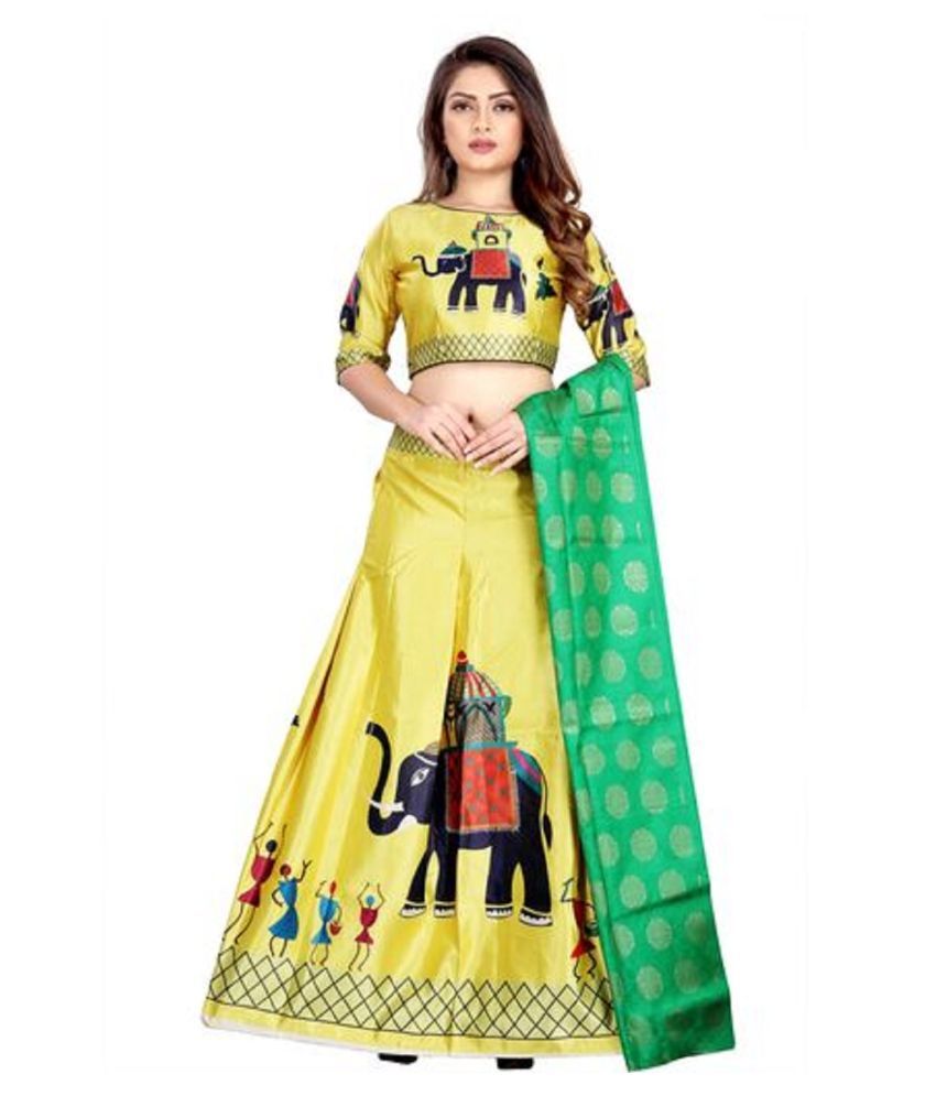 jemfashion Yellow Satin Chaniya Choli Semi Stitched Lehenga - Buy jemfashion Yellow Satin 