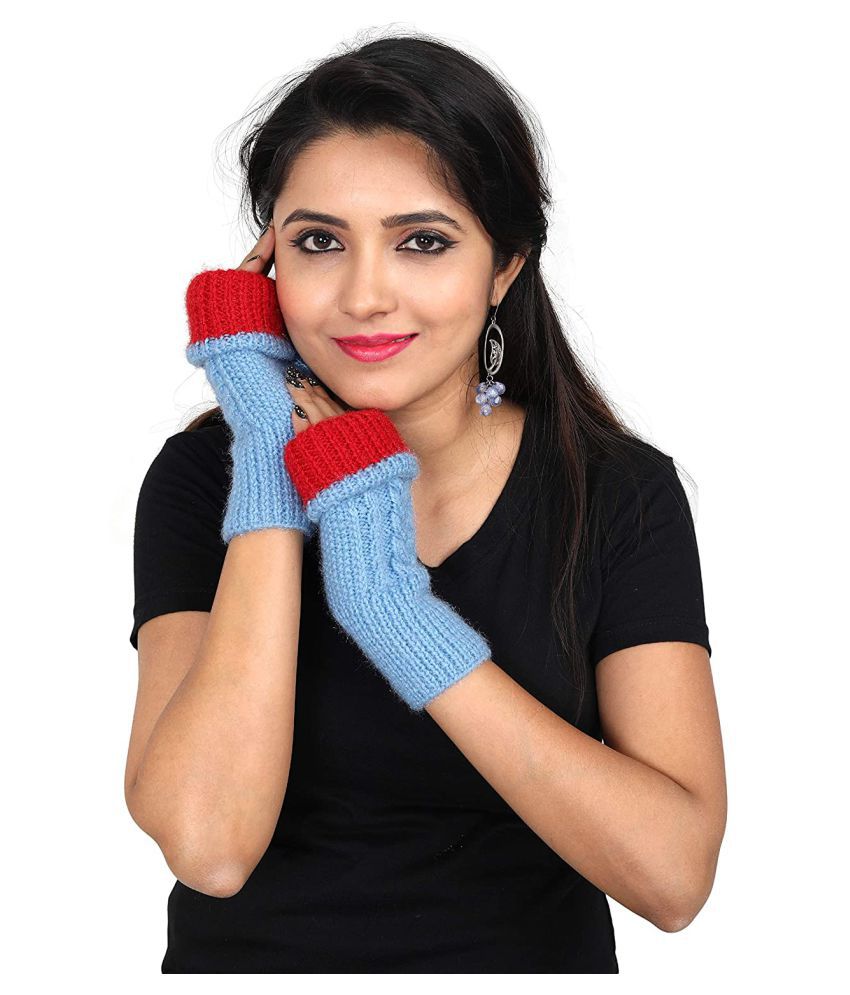     			KC Store Women's Sky Blue & Red Handmade Woolen Gloves For Winters
