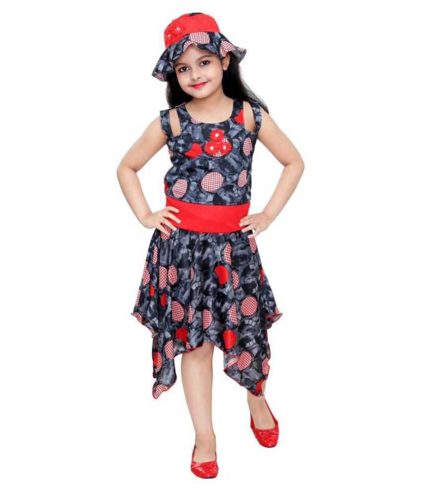 Digimart - Red Cotton Blend Girl's Asymmetric Dress ( Pack of 1 )