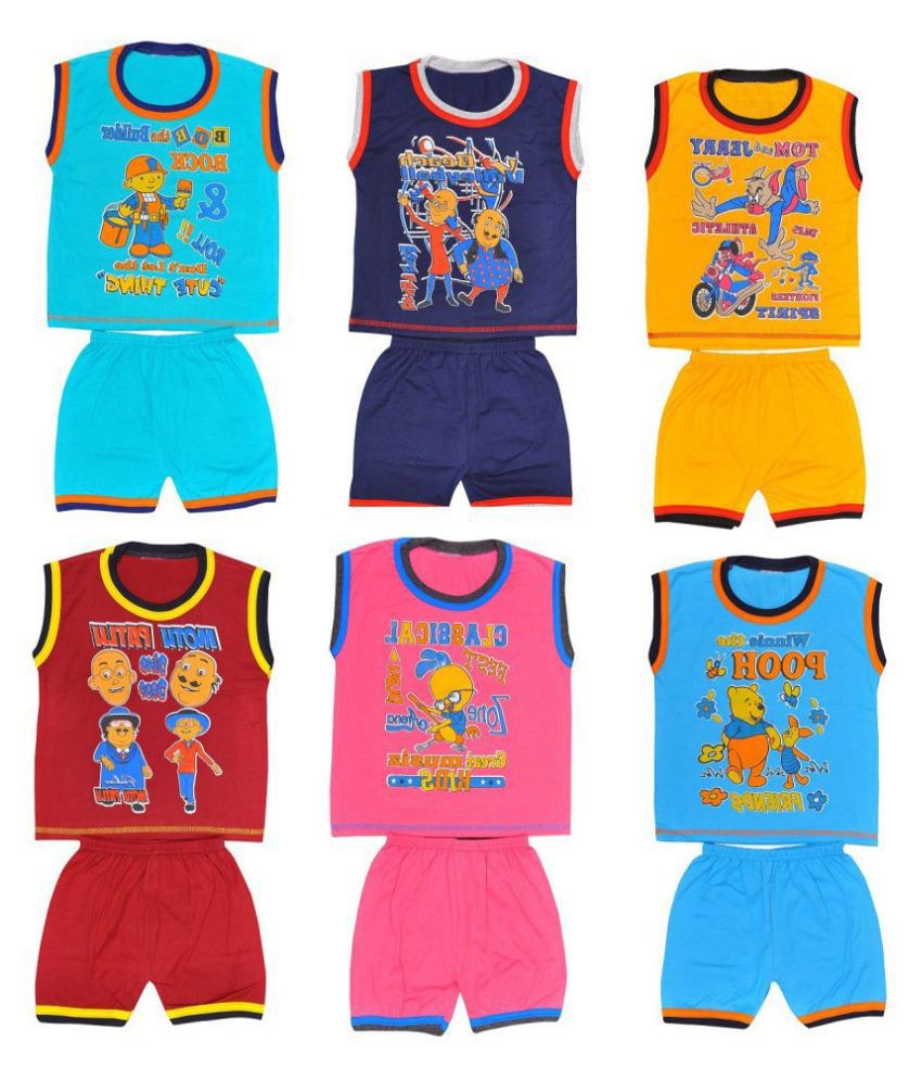 BABY GIRLS Blue,Navy Blue, Yellow, Pink, Red and Aqua Blue Top & Botton Set Pack of 2