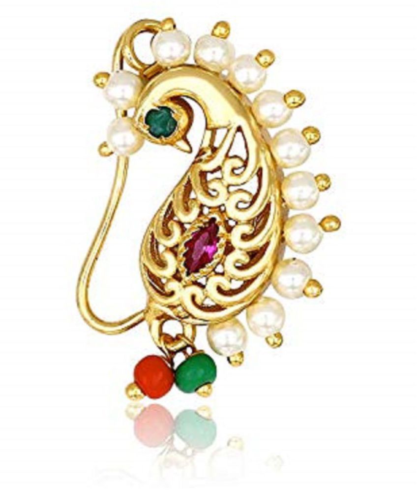 GirlZ! Gold Plated Stone & Pearl Peacock Design Nath ,Maharashtrian Nose Ring For Women(Non