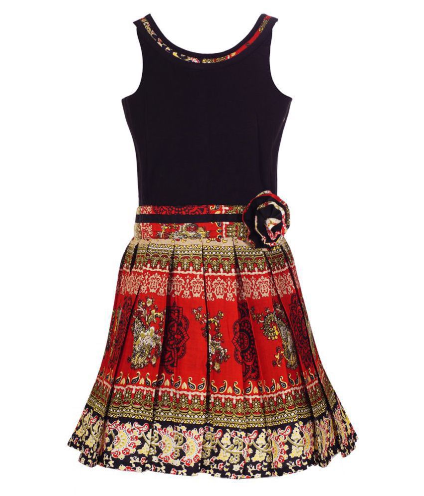     			Girls Black & Red Printed Fit and Flare Dress