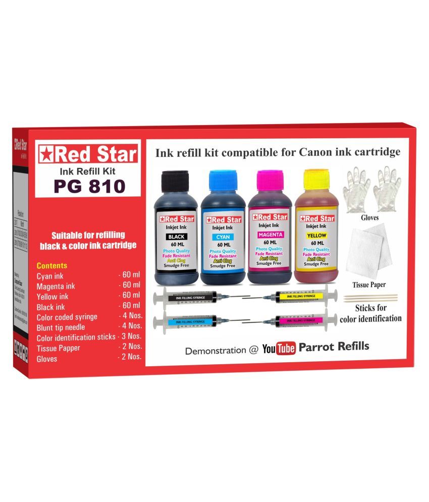 RED STAR INK REFILL KIT Multicolor Four bottles Refill Kit for Canon Pixma PG 810 black amp; CL 811 color ink cartridge